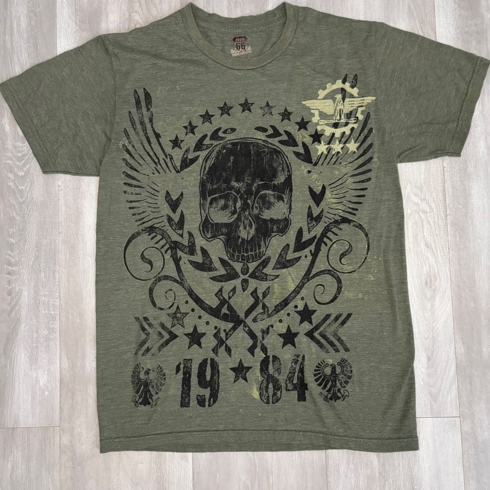 Y2K Route 66 Skull Wings Graphic T-Shirt Men's Small Olive Green 1984 Tri-Blend